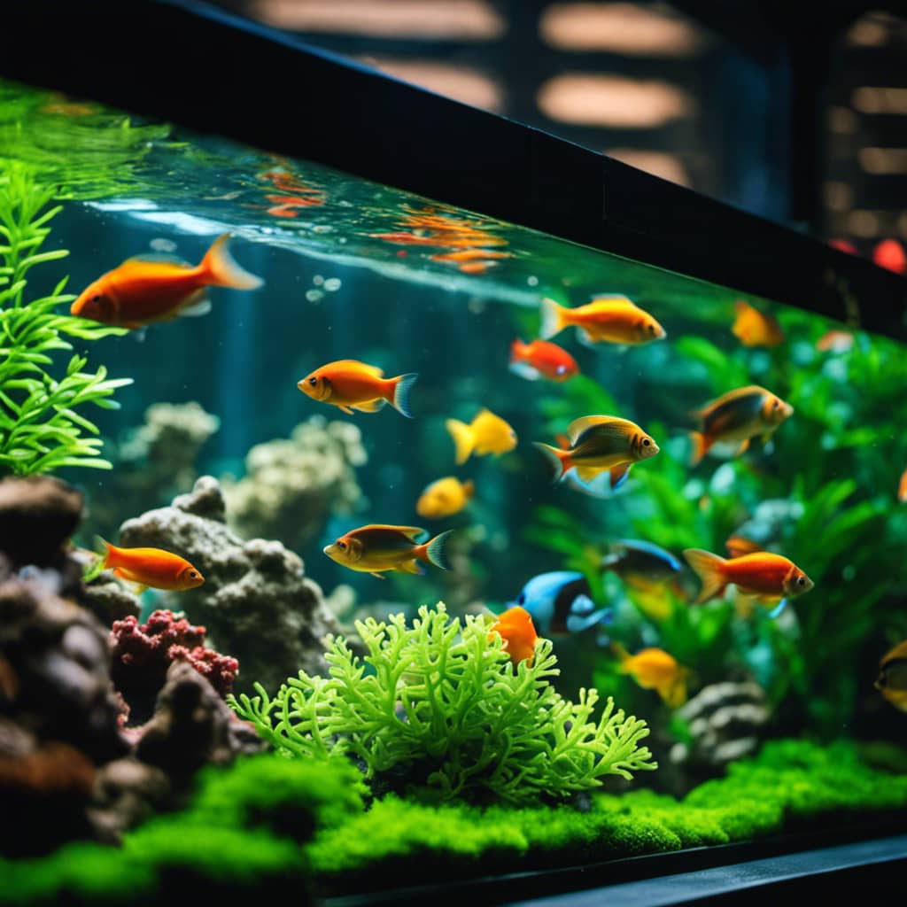 An aquarium tank full of colorful Indian fishes swimming around in their natural environment, surrounded by lush green foliage and coral