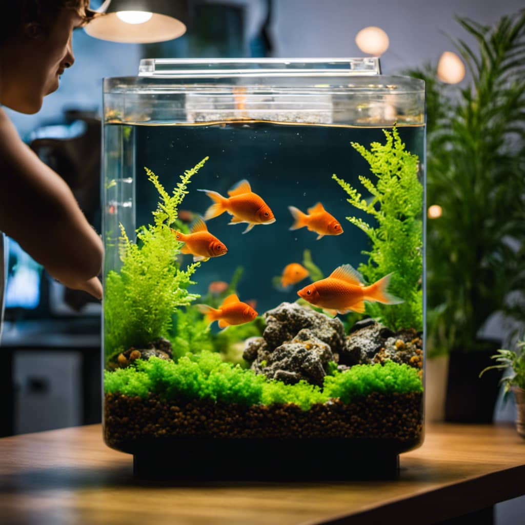 Ish tank with a person's hands hovering over it, adding water, gravel, and decorations while the fish watch