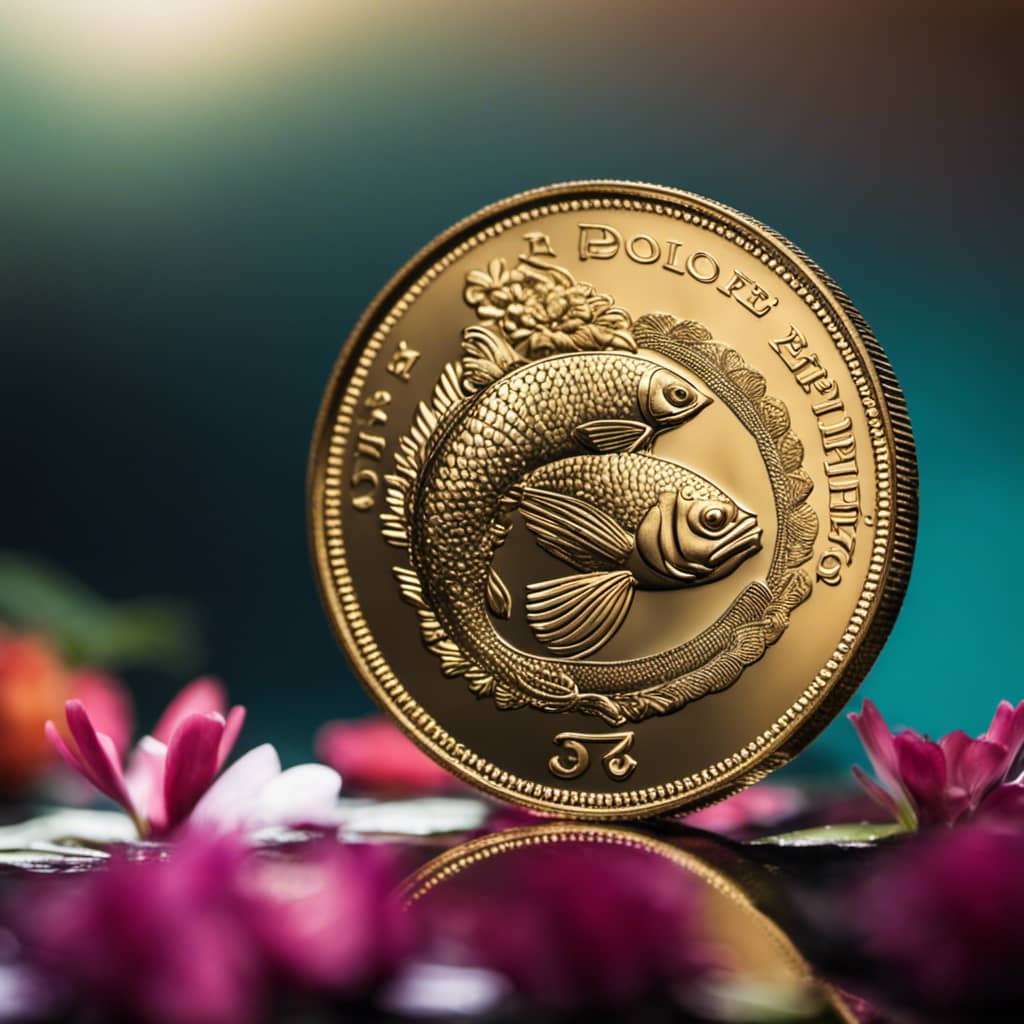 up of an Indian rupee coin with a few scales of a Flowerhorn fish reflecting on the coin
