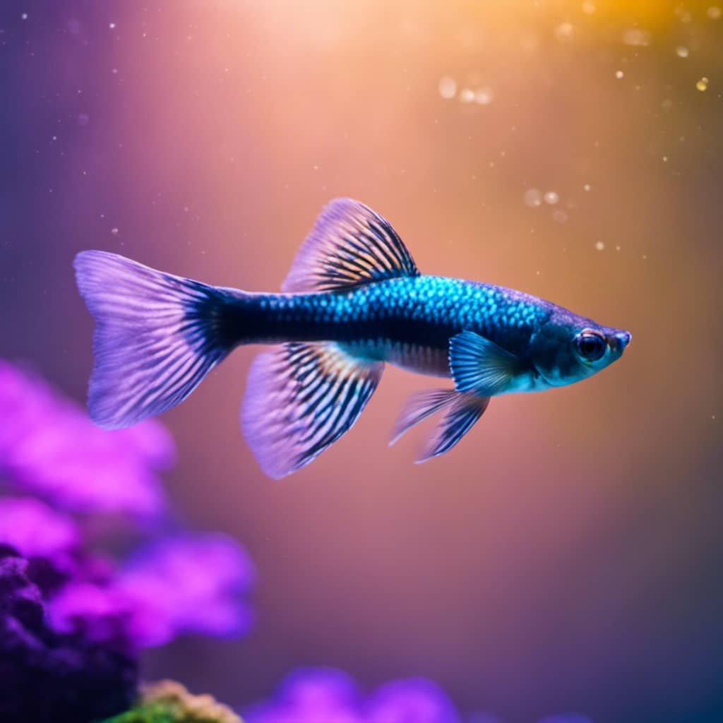 swimming in a clear glass tank, its tail switching between two different colors