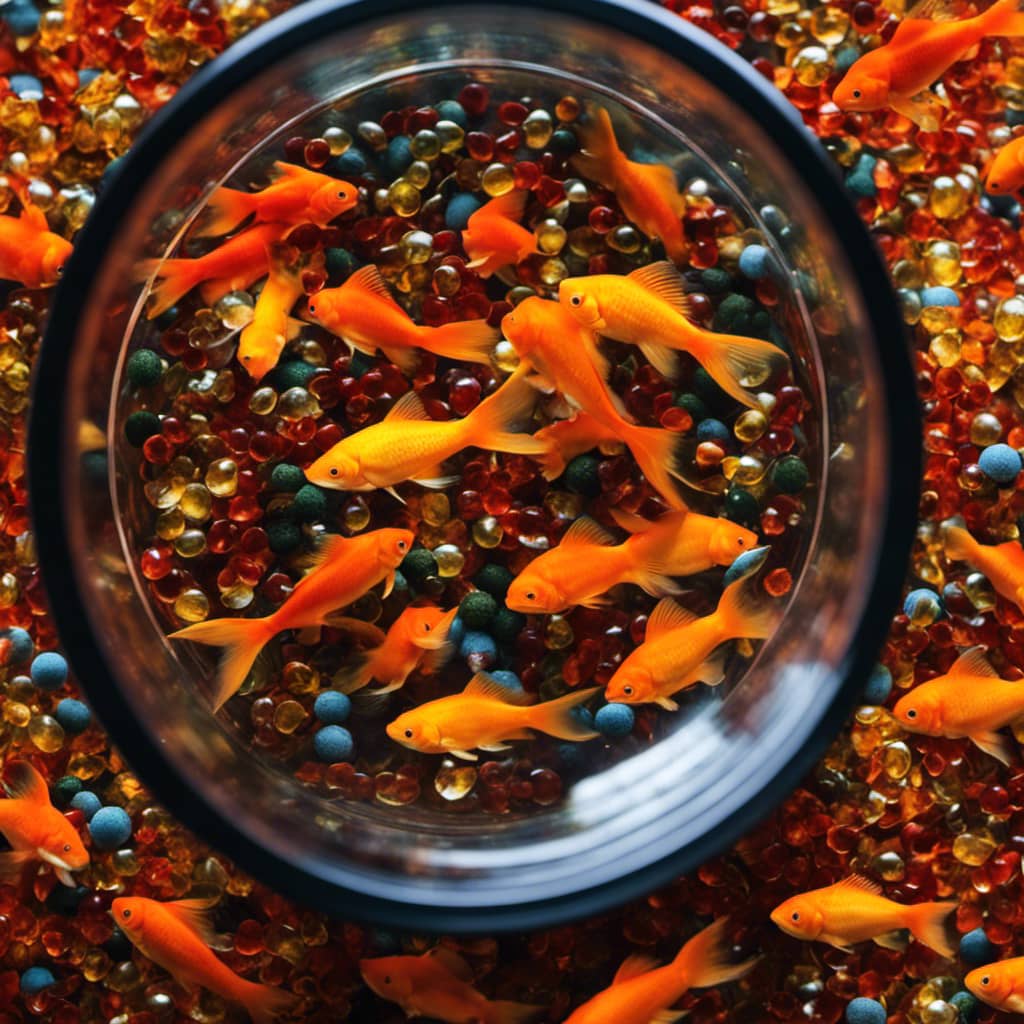 bowl containing different-sized goldfish swimming around a variety of colored fish food flakes and pellets