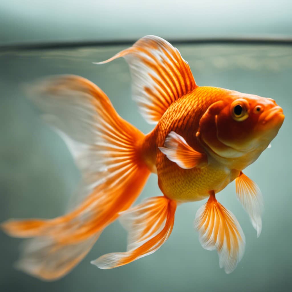 E of a single goldfish, floating in a clear bowl, with white spots on its bright orange scales and its fins gently swaying in the water