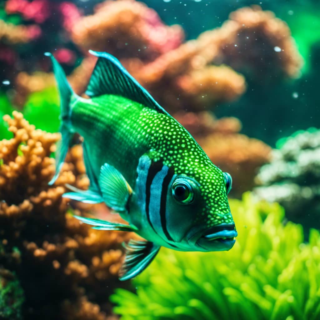 Y colored aquarium of diverse green-hued fish, including shimmering, iridescent, speckled, and striped varieties, swimming in harmony