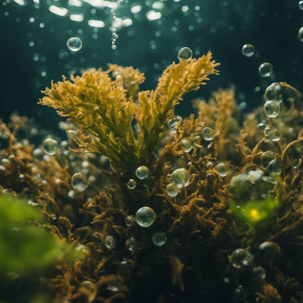 Ng, discolored underwater plant, surrounded by clear, healthy plants, with bubbles rising from the dying plant