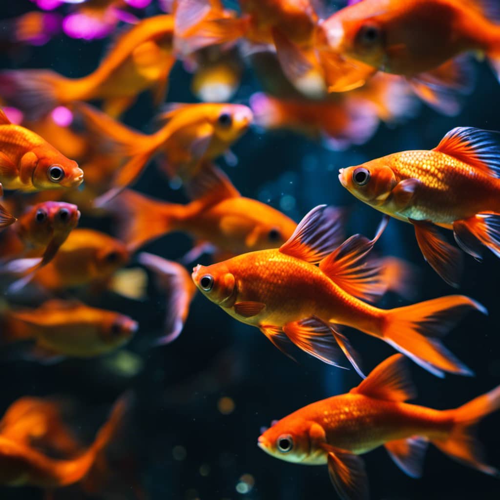 Ering goldfish in one tank, a vibrant, colorful school of guppies in another