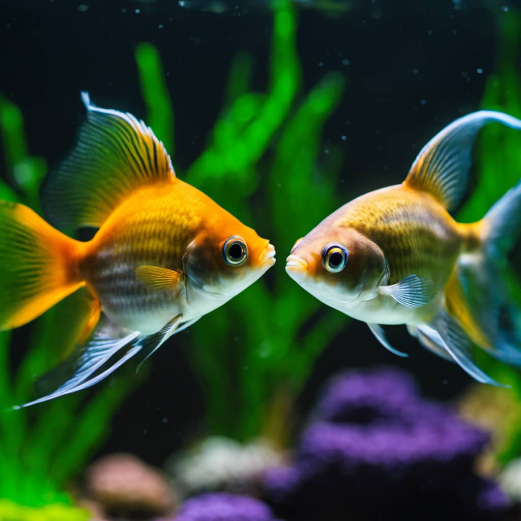 O fish swimming side by side in an aquarium, one guppy and one tetra, highlighting their contrasting features such as color, size, and shape