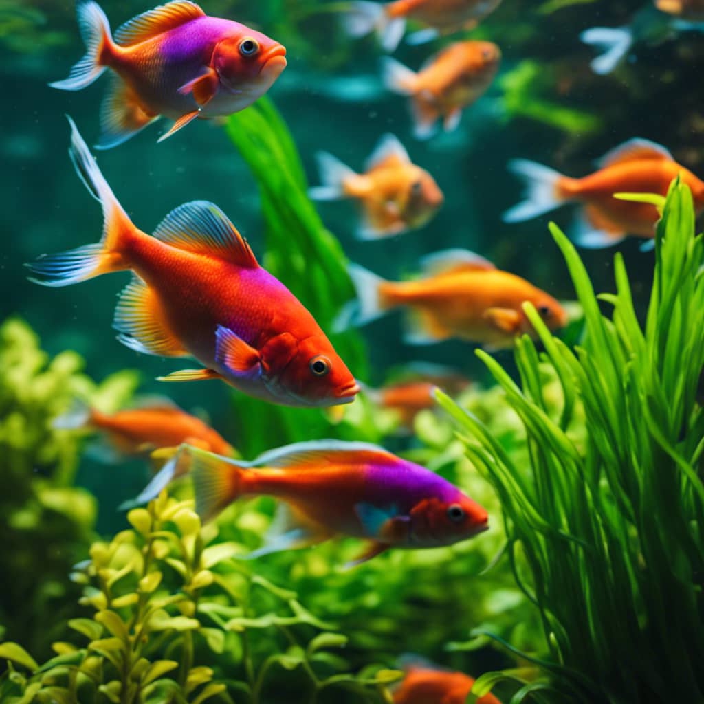 -up of a school of colorful fish swimming amidst a bed of lush, green aquatic plants