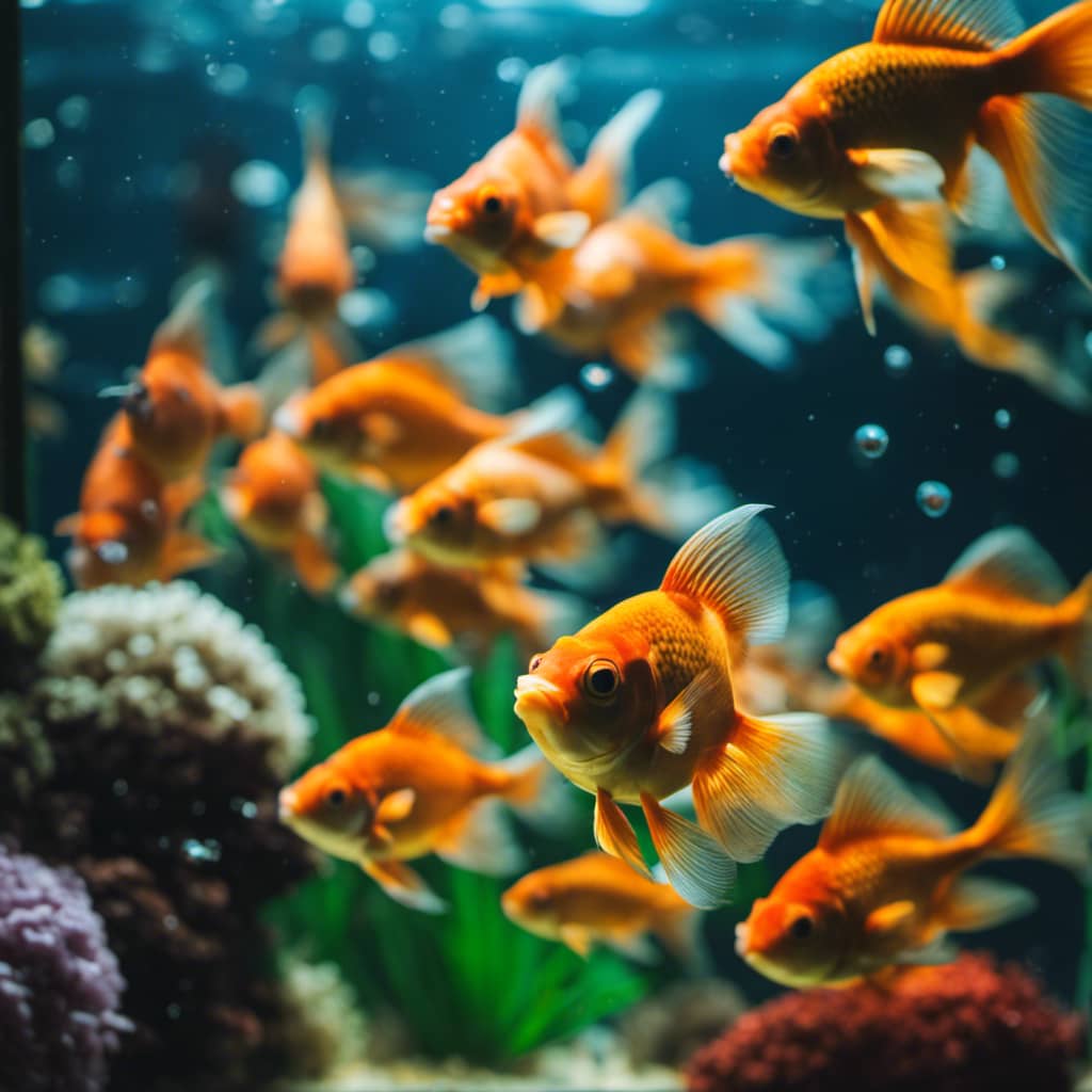 Tank filled to the brim with goldfish of different sizes, colors, and patterns swimming happily in the tank's crystal clear waters