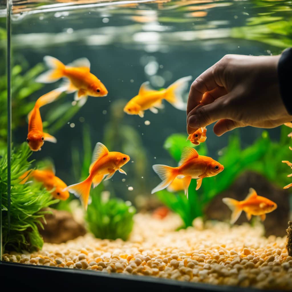 P of a hand scooping fish food into the home aquarium while a small school of goldfish swim nearby