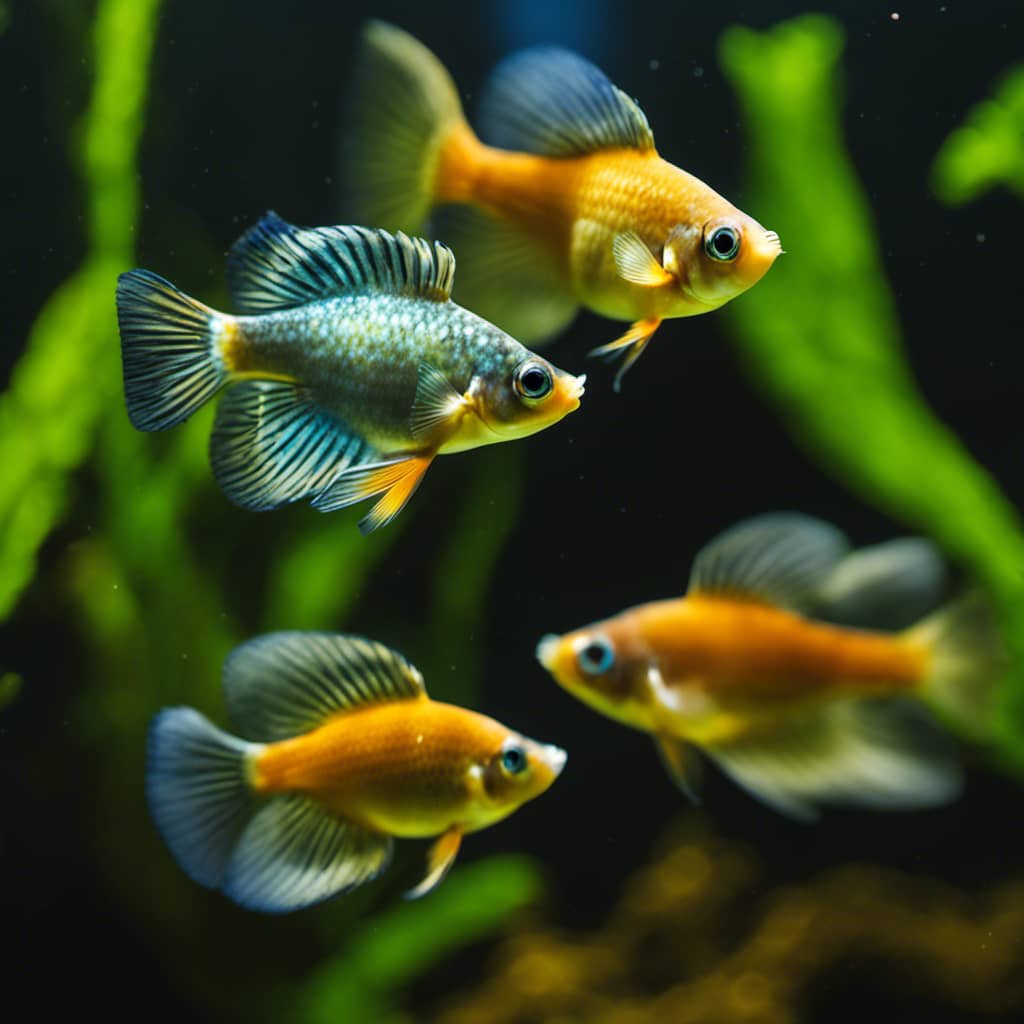 E of two guppies (one pregnant, one not) that highlights the differences in physical appearance, such as larger size and darkened gravid spot, of a pregnant guppy