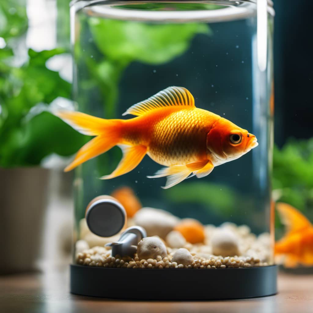 An illustration of a healthy and sick goldfish in a tank, with a hand pointing to each, and a medical kit nearby