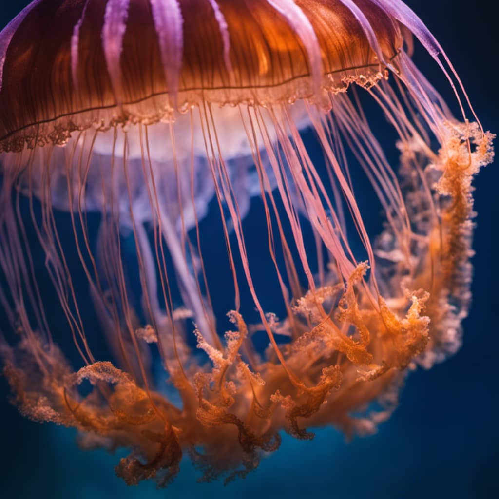 Up of a jellyfish, with it's translucent body and colorful frills, suspended in still, deep blue water