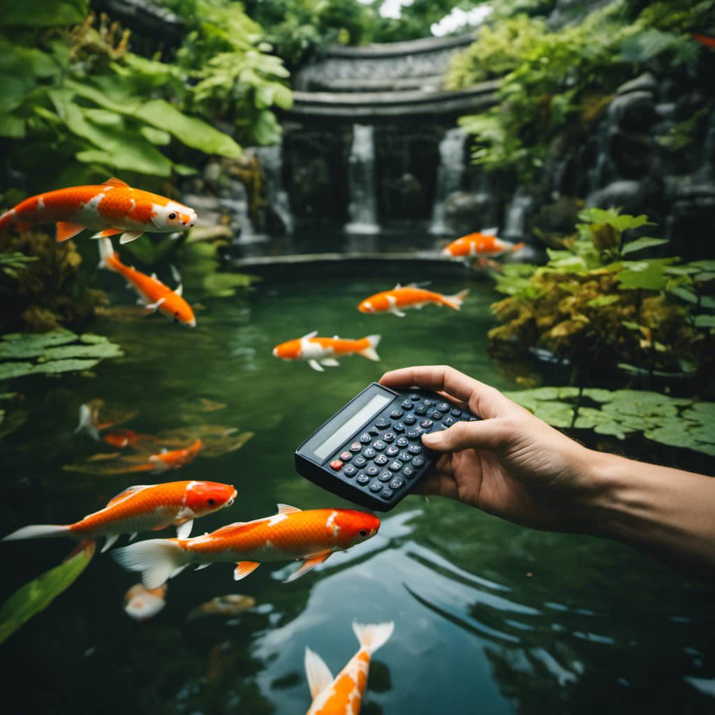 Ish swimming in the center of an ornate pond surrounded by lush foliage, a hand holding a calculator in the foreground
