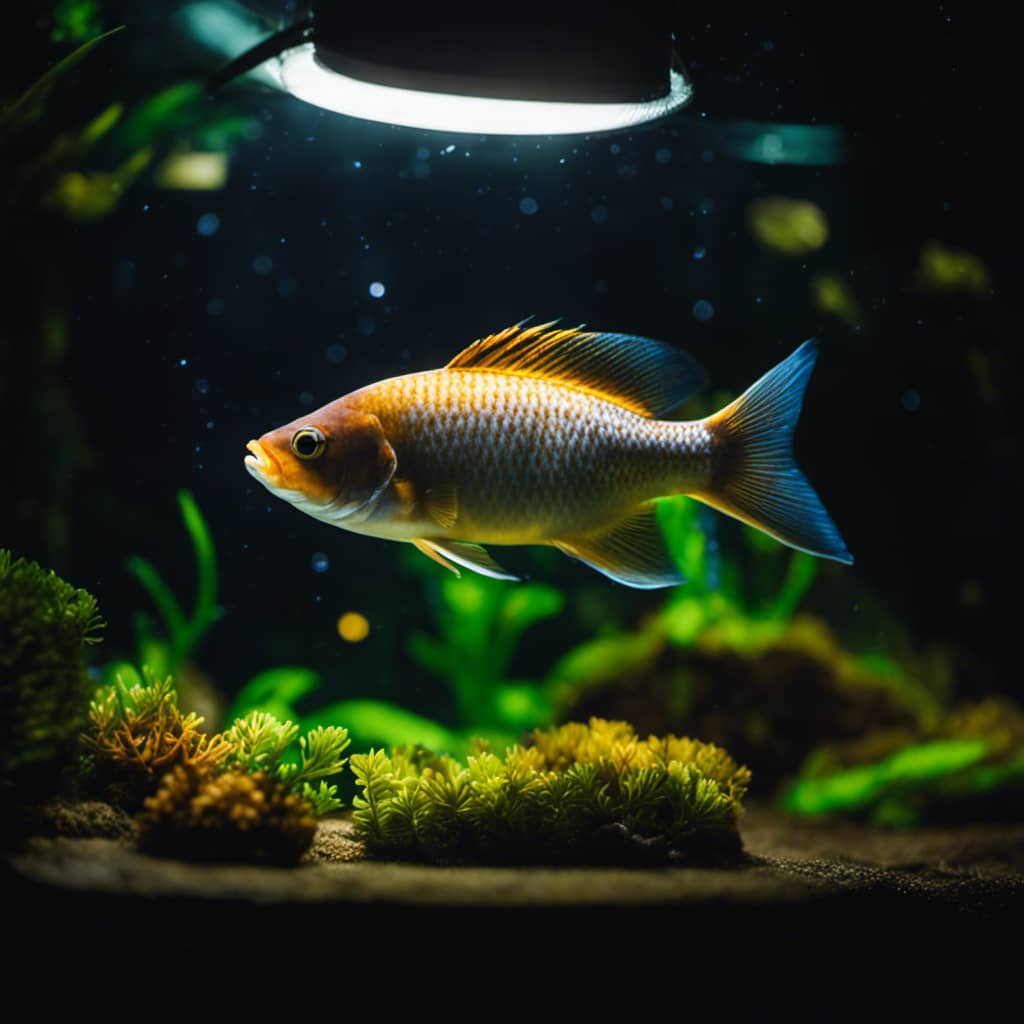 Suspended in a dark tank, illuminated by a single beam of light from outside the tank