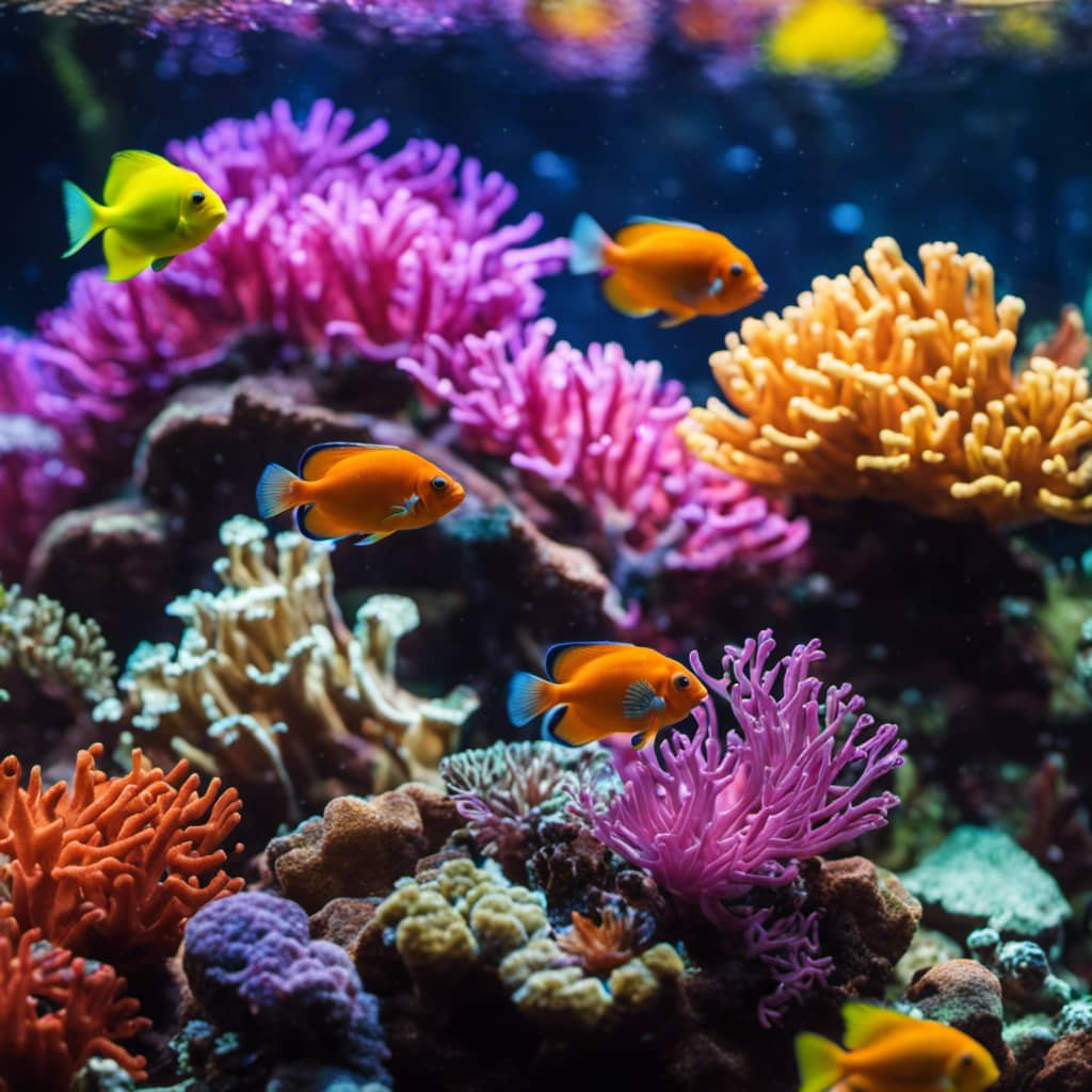 Ful saltwater aquarium with a variety of fish swimming leisurely among vibrant coral and anemones