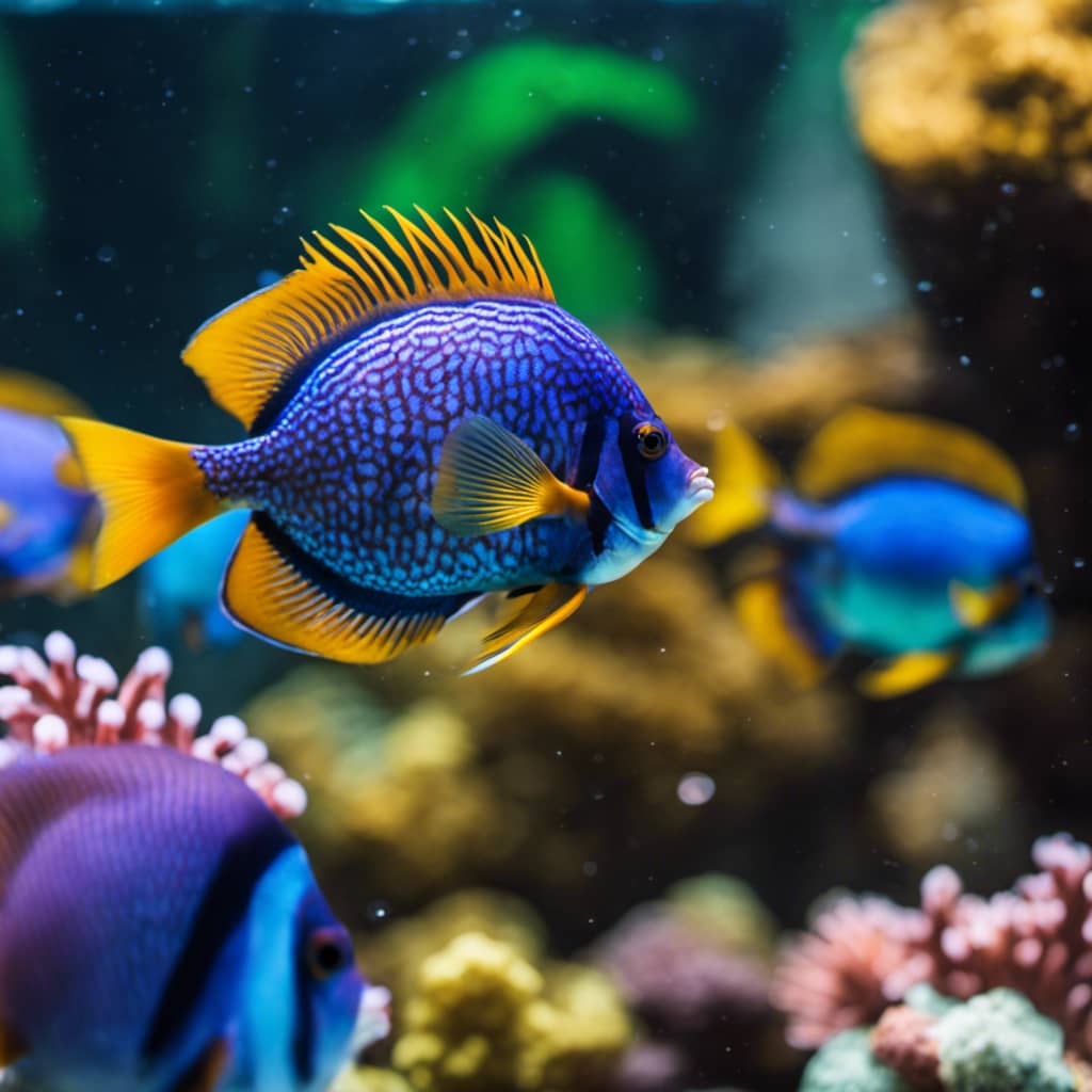 Ful school of fish in an aquarium, their fins glistening as they swim around intricately-designed rocks and coral, happily cleaning and maintaining the tank