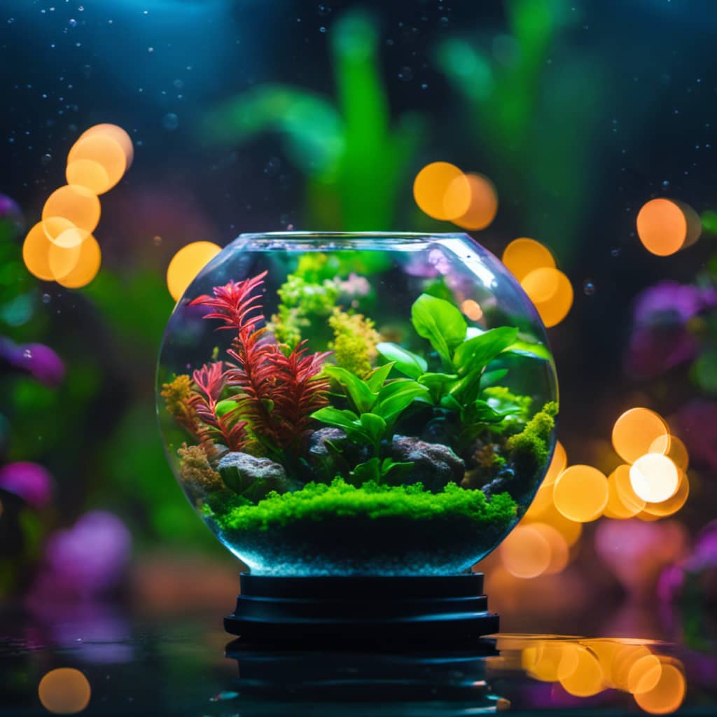 M with plants and bubbles, illuminated by colorful lights, highlighting the oxygen in the water
