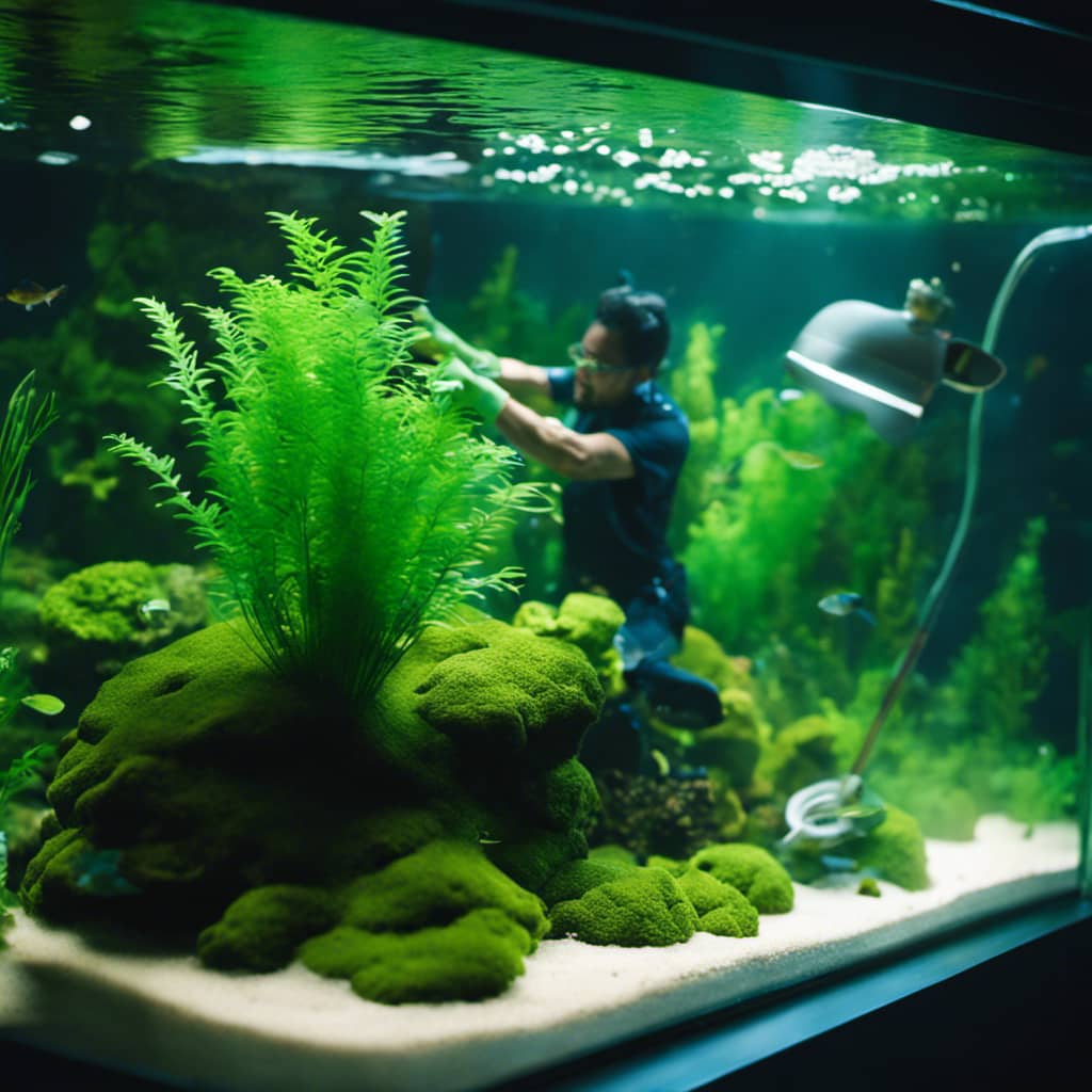 N in a brightly lit aquarium, holding a scrub brush, cleaning off a plastic aquatic plant decorated with green foliage