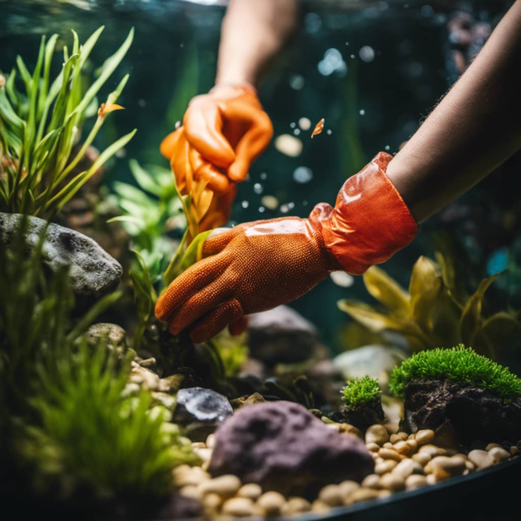N wearing gloves scrubbing curved rocks with a soft brush in a fish tank, surrounded by bubbling water and colorful plants