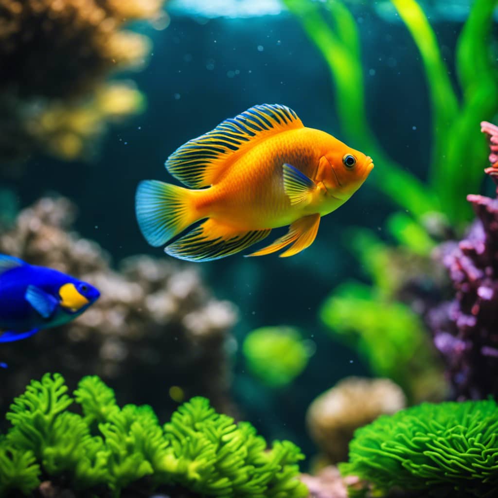 Ful scene of a serene aquarium, with colorful fish peacefully swimming, hidden among plants and coral