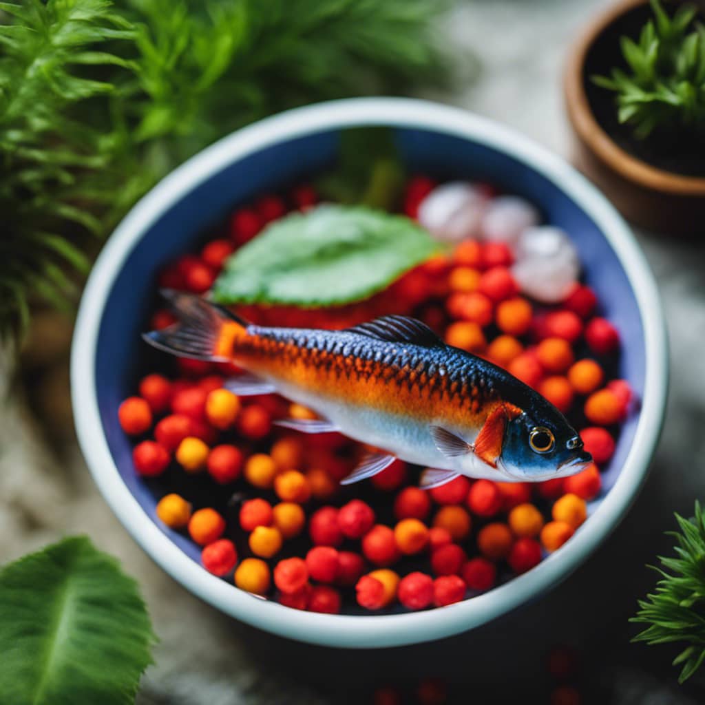 of a brightly-colored fish swimming around a small bowl with a few plants