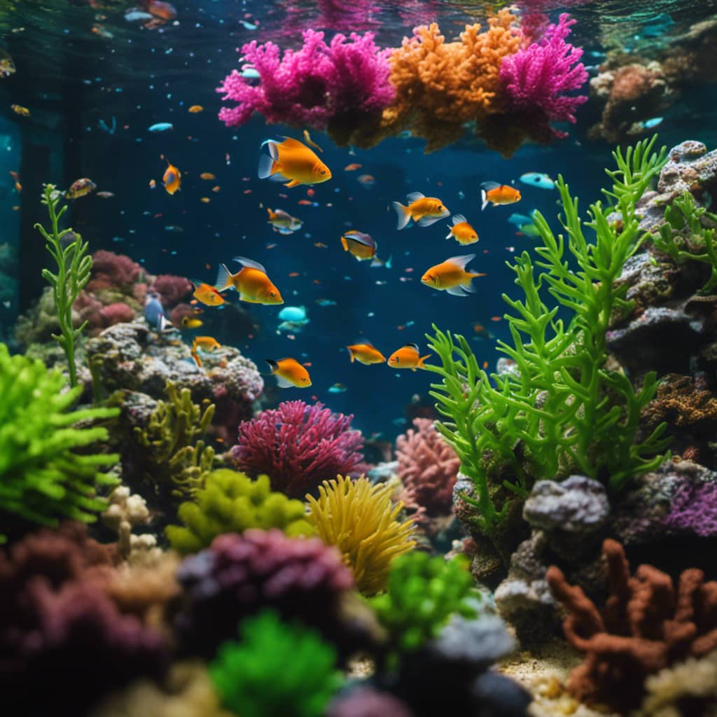 View of a small aquarium with colorful fish darting around, a few coral reefs, and a few plants