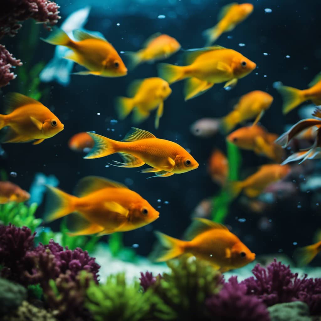 Nt, overcrowded aquarium with fish swimming around each other, competing for food and space