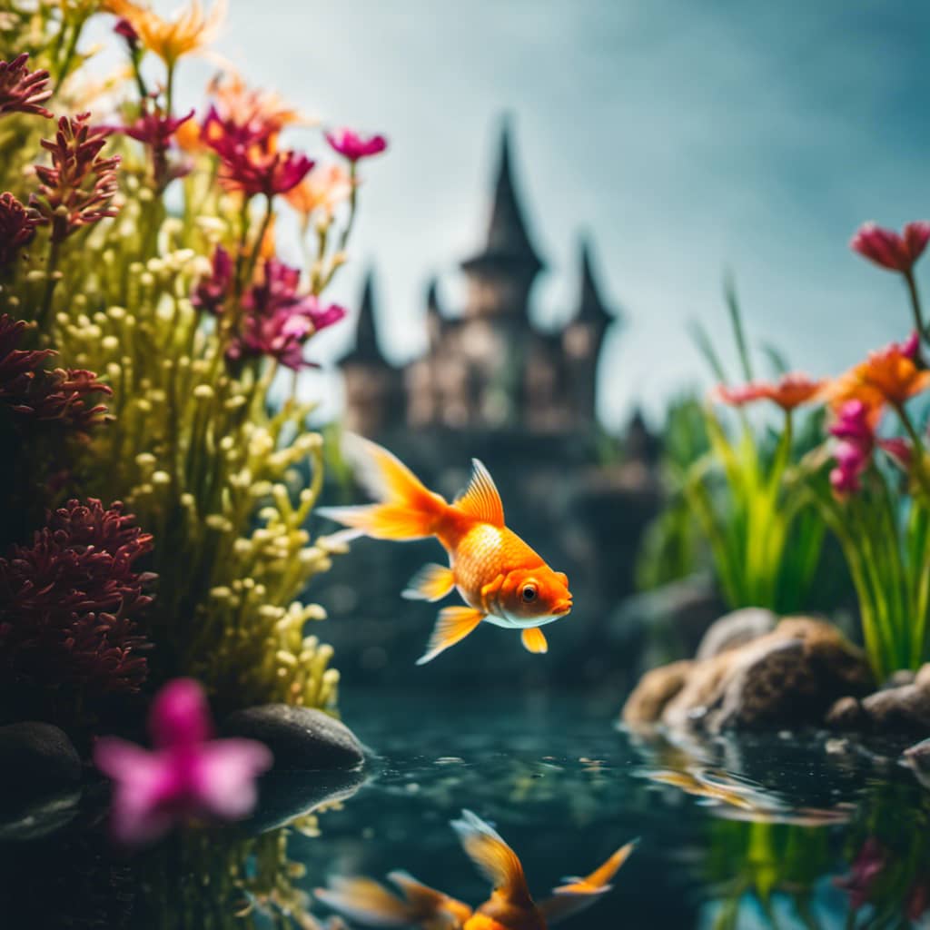Ish swimming contentedly near a full tank of clean, clear water with a few colorful plants, pebbles, and a small castle