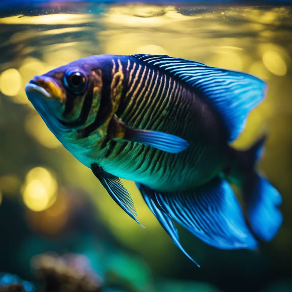-up of a fish hovering motionless in a tank, illuminated in an eerie blue light from moonlight-style LEDs