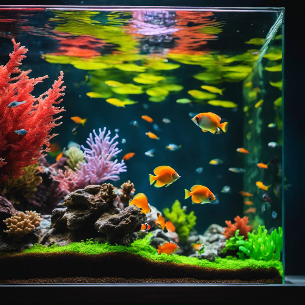 T aquarium with colorful fish swimming around, vibrant coral and plants, and a few sleek accessories