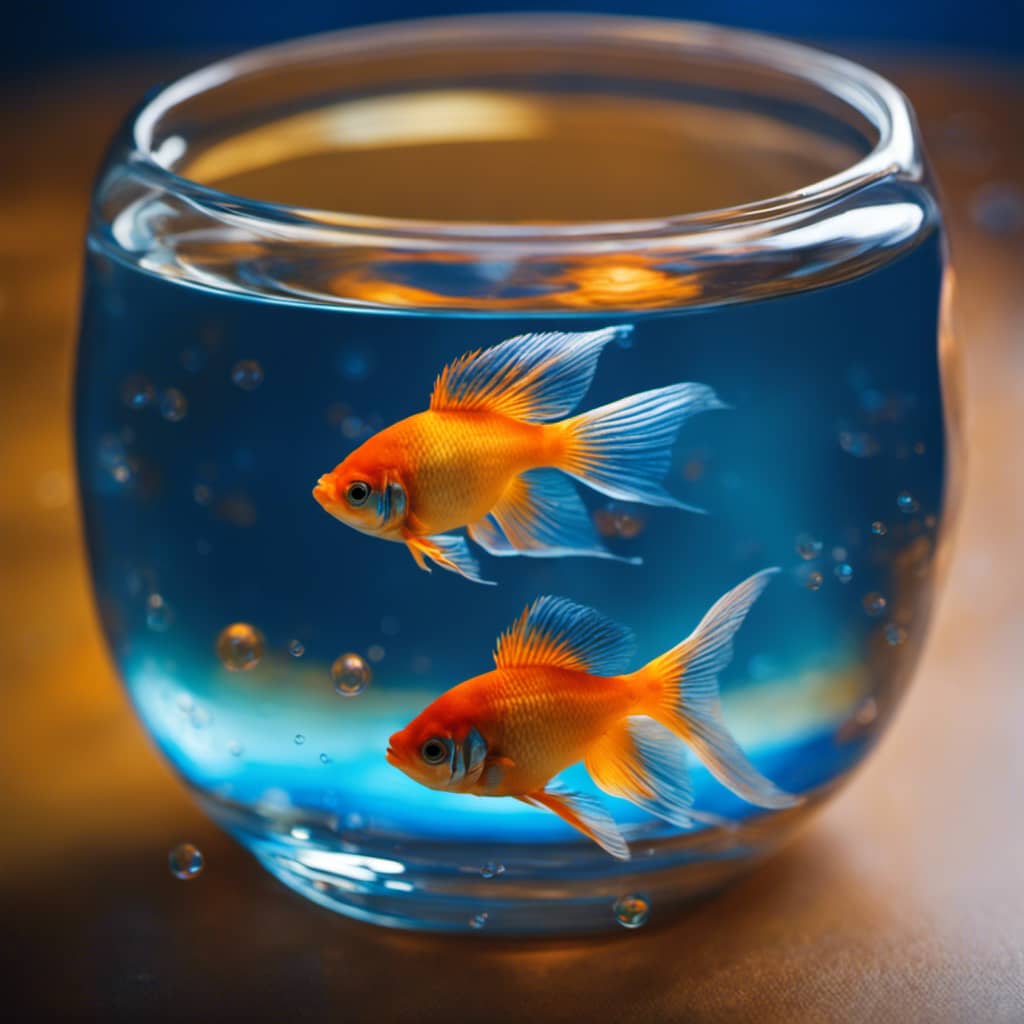 Ze a close up of a pet fish in a bowl of water, with bubbles and background colors of orange and blue, to show the typical lifespan of a pet fish