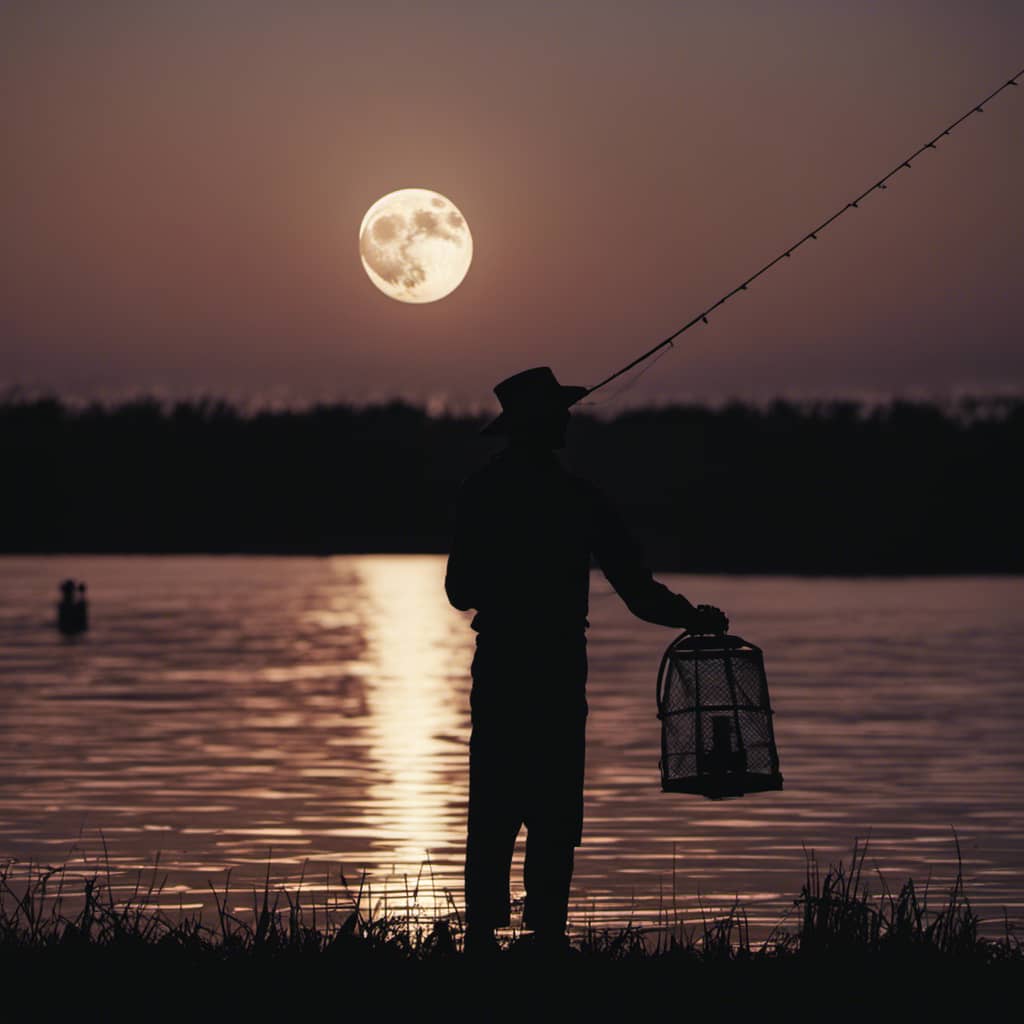 Uetted figure standing at the edge of a lake, holding a lantern in one hand and a fishing net in the other, illuminated by a full moon