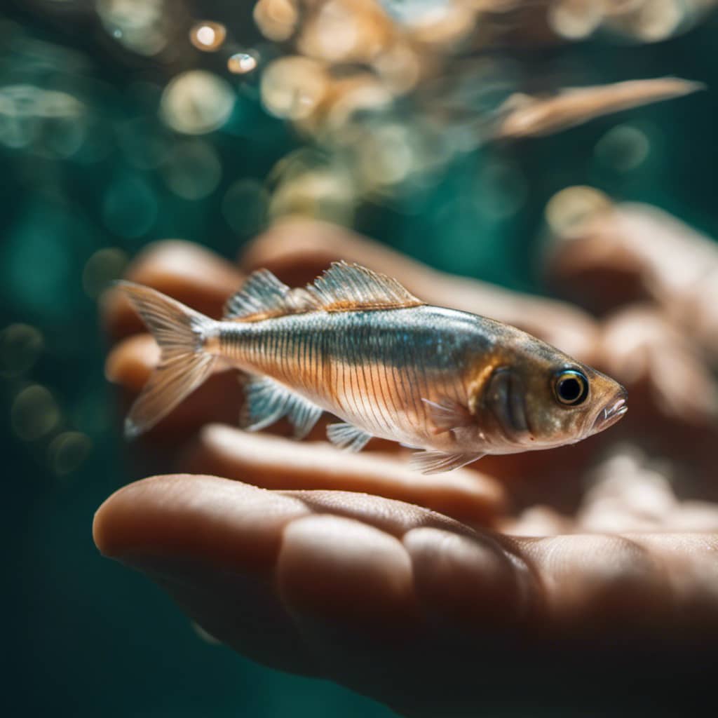 -up of a hand cupping a small, transparent fish with its eyes and fins visible, floating in a pool of crystal-clear water