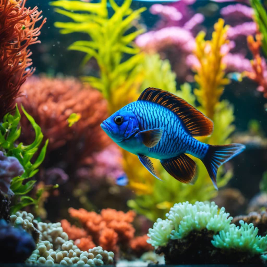 -up of an ornately decorated fish tank with a bright, vivid fish swimming amongst the coral and plants