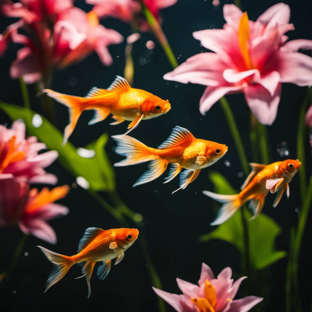 L of adult and baby goldfish swimming in a pond, with blooming lilies in the background