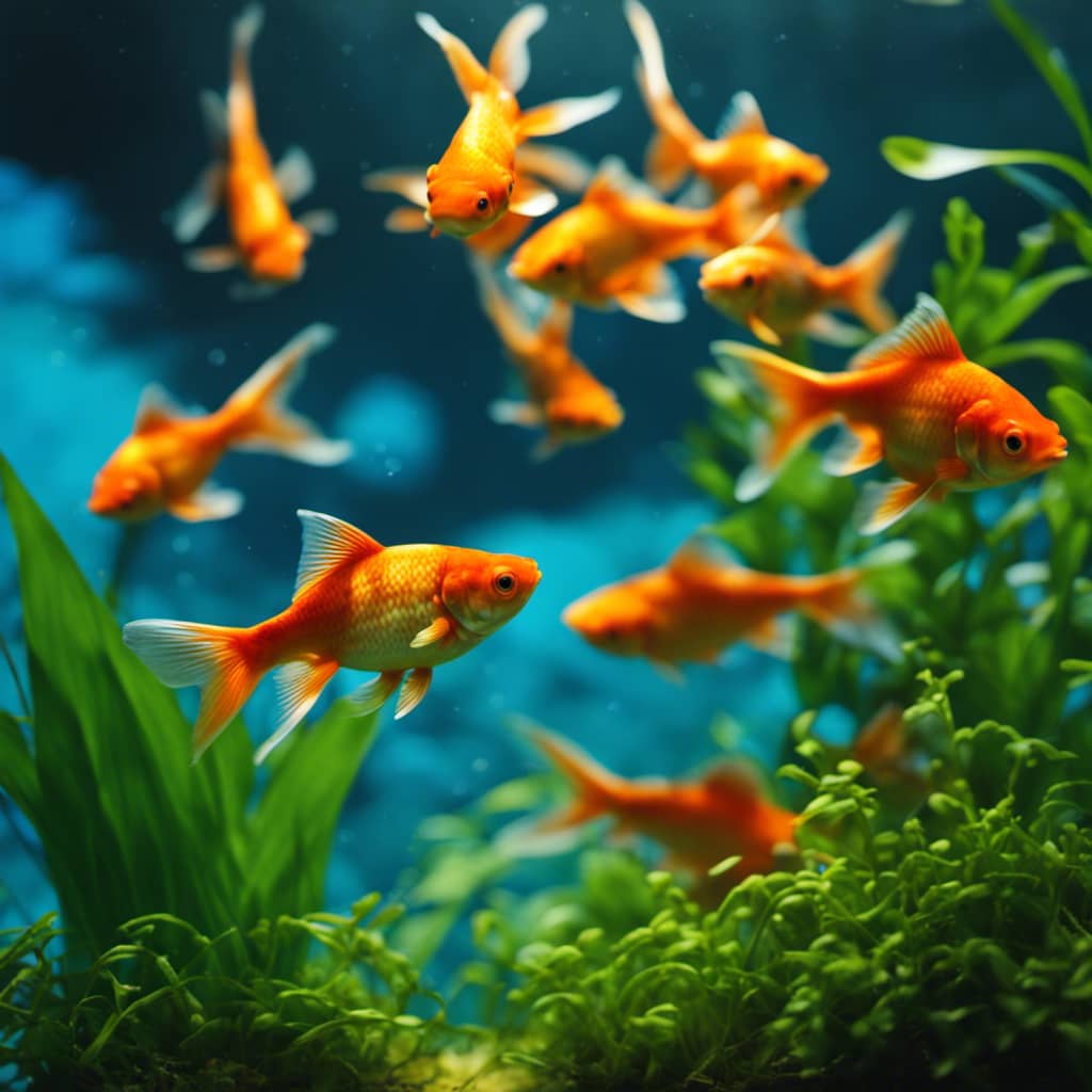 L goldfish swimming in a bowl of vibrant blue water, surrounded by a lush green aquatic plant