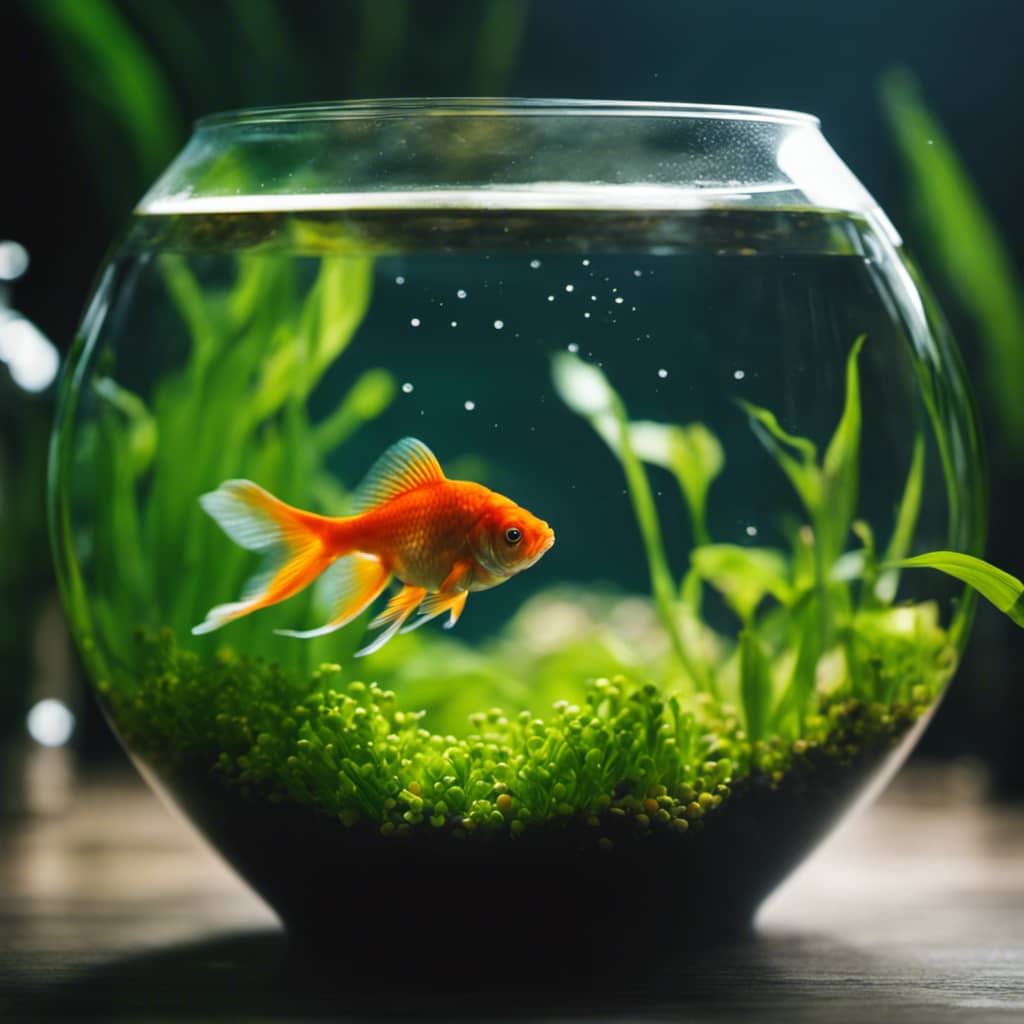 goldfish in a bowl with a few floating pellets near the surface, surrounded by aquatic plants
